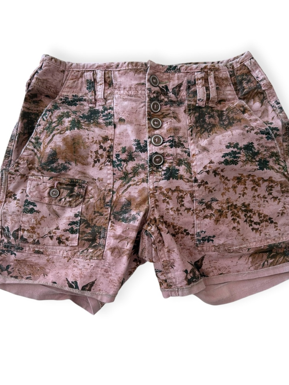 Anthropologie Pilcro High Waisted Button Up Pink Botanical Shorts Nature Size 27